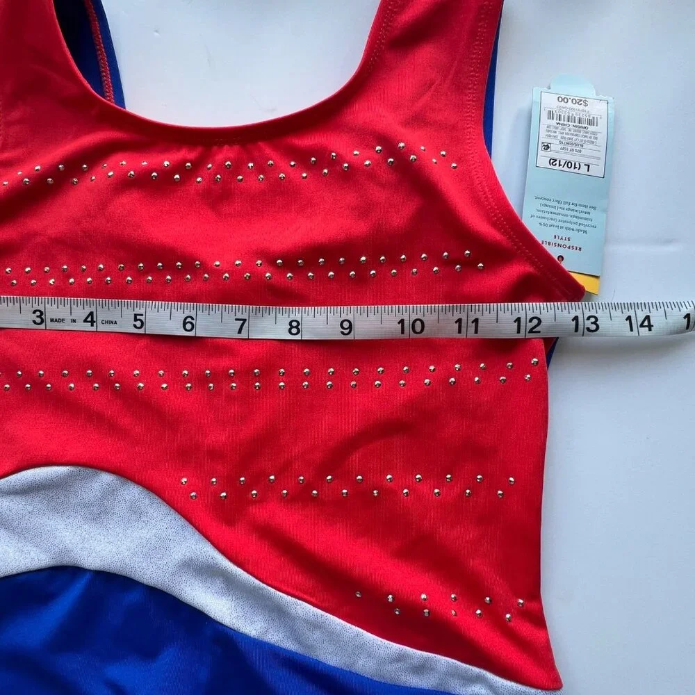 Cat & Jack Red Blue Sparkle Rhinestone Tank Leotard Wicking Fabric Girls L 10/12